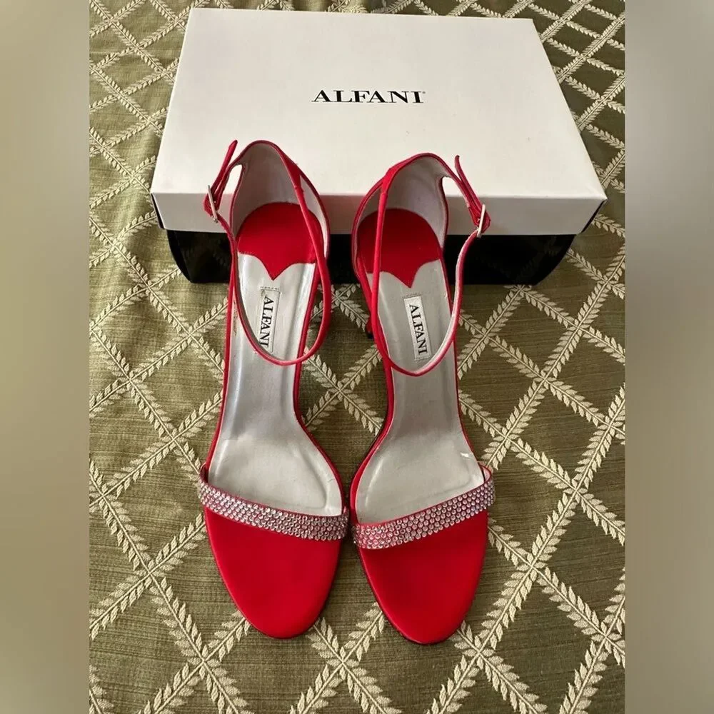 Alfani Ashton Red High-Heels with Rhinestones Ankle Strap 10M Shoes 3 1/2” Heel